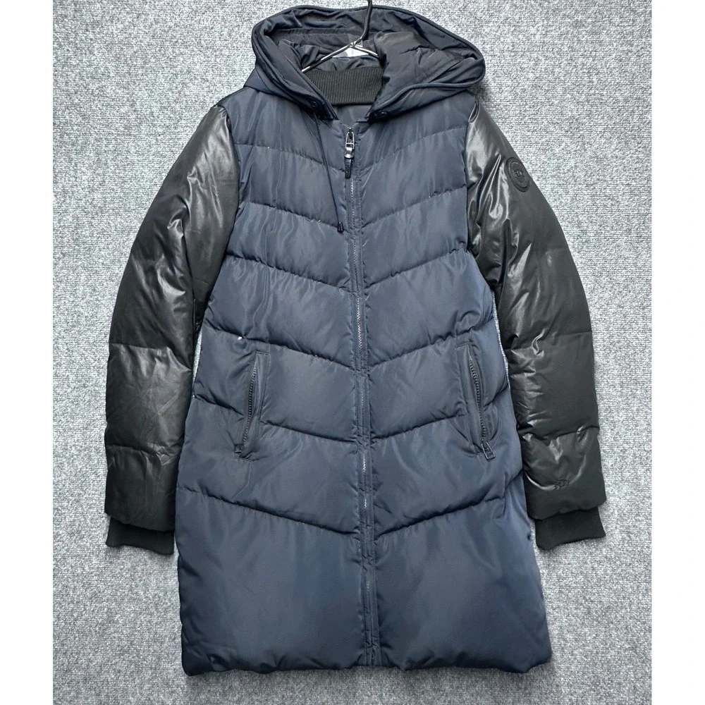 Rudsak Women's Black Puffer Coat Faux Leather Sleeves Hooded‎ Parka Medium